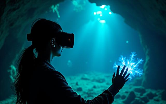 Eine Person trägt ein VR-Headset und taucht virtuell in eine realistische Unterwasserhöhle ein, umgeben von bioleuchtenden Meereslebewesen und antiken Ruinen.