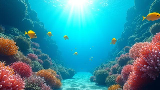 Screenshot aus einem VR-Spiel zum Meeresschutz, Spieler erkundet ein Korallenriff